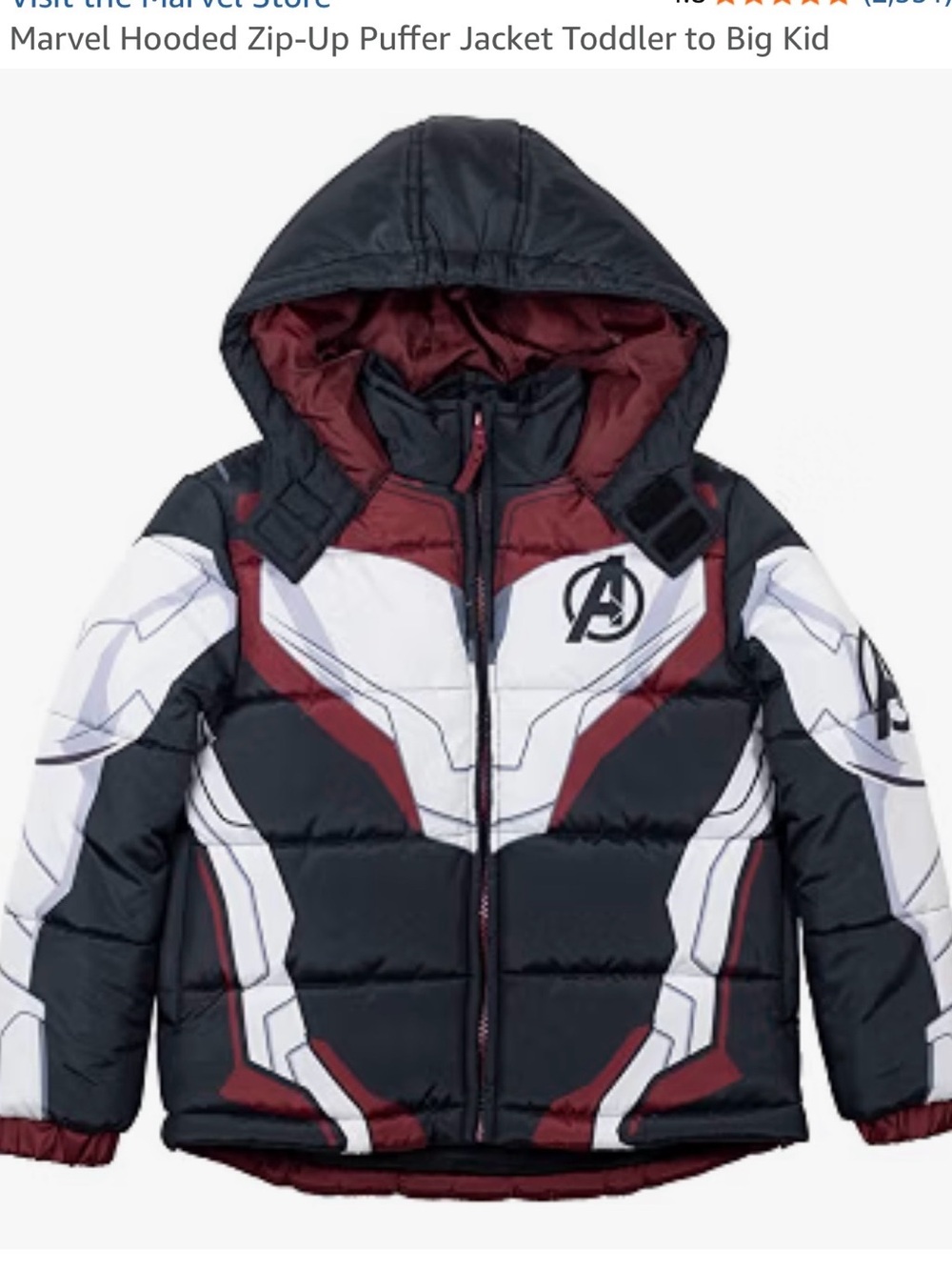 Marvel Kids Black, White & Maroon Avengers Hooded Puffer Jacket
